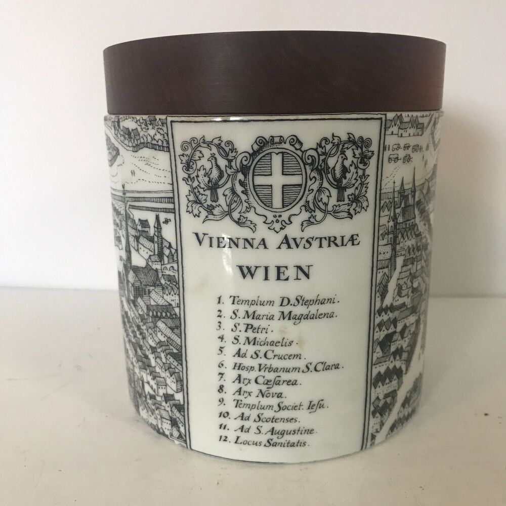 Vintage Ceramic Canister w Wooden Lid Vienna Austria Landscape Black & White 5.5